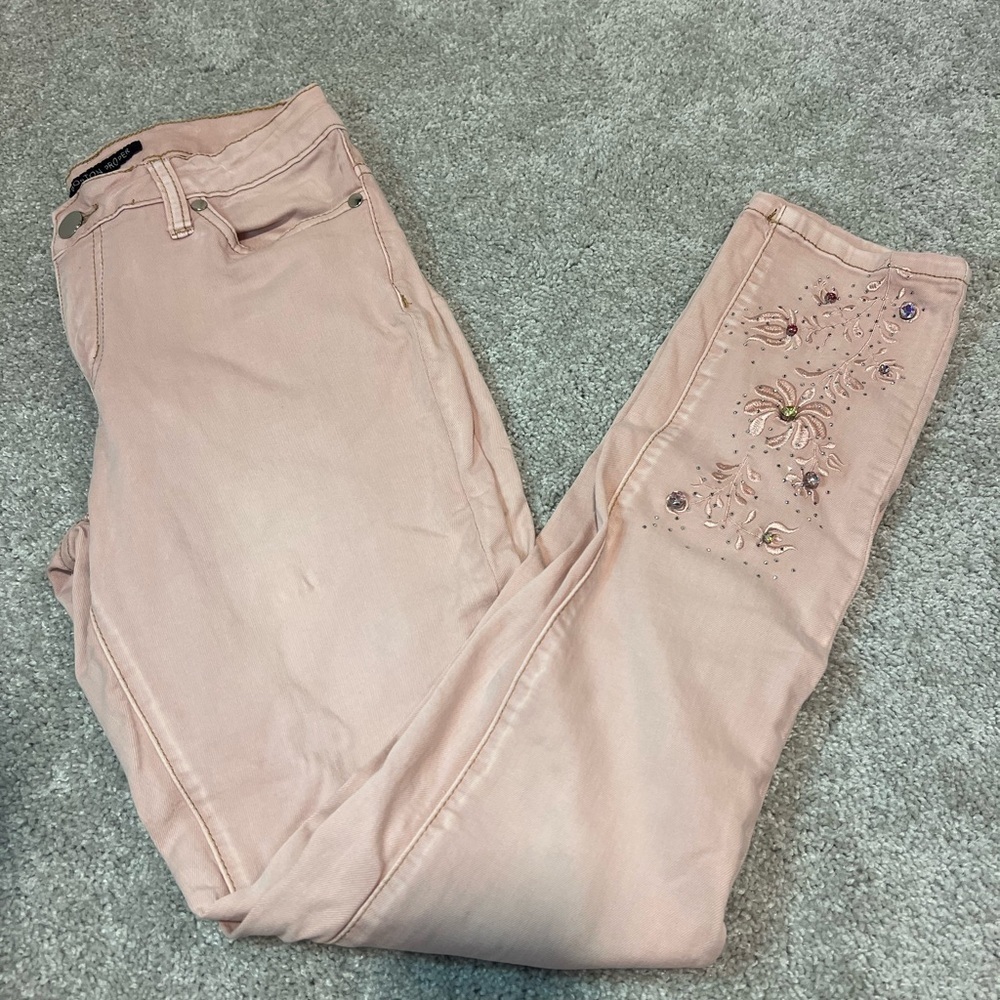 Boston Proper Light Pink Embroidered Cropped Jeans